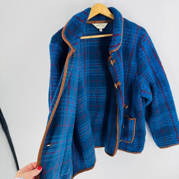 Orvis Blue Plaid Fleece Jacket Toggle Closure Sherpa Style Outerwear Size XL - Picture 8 of 9
